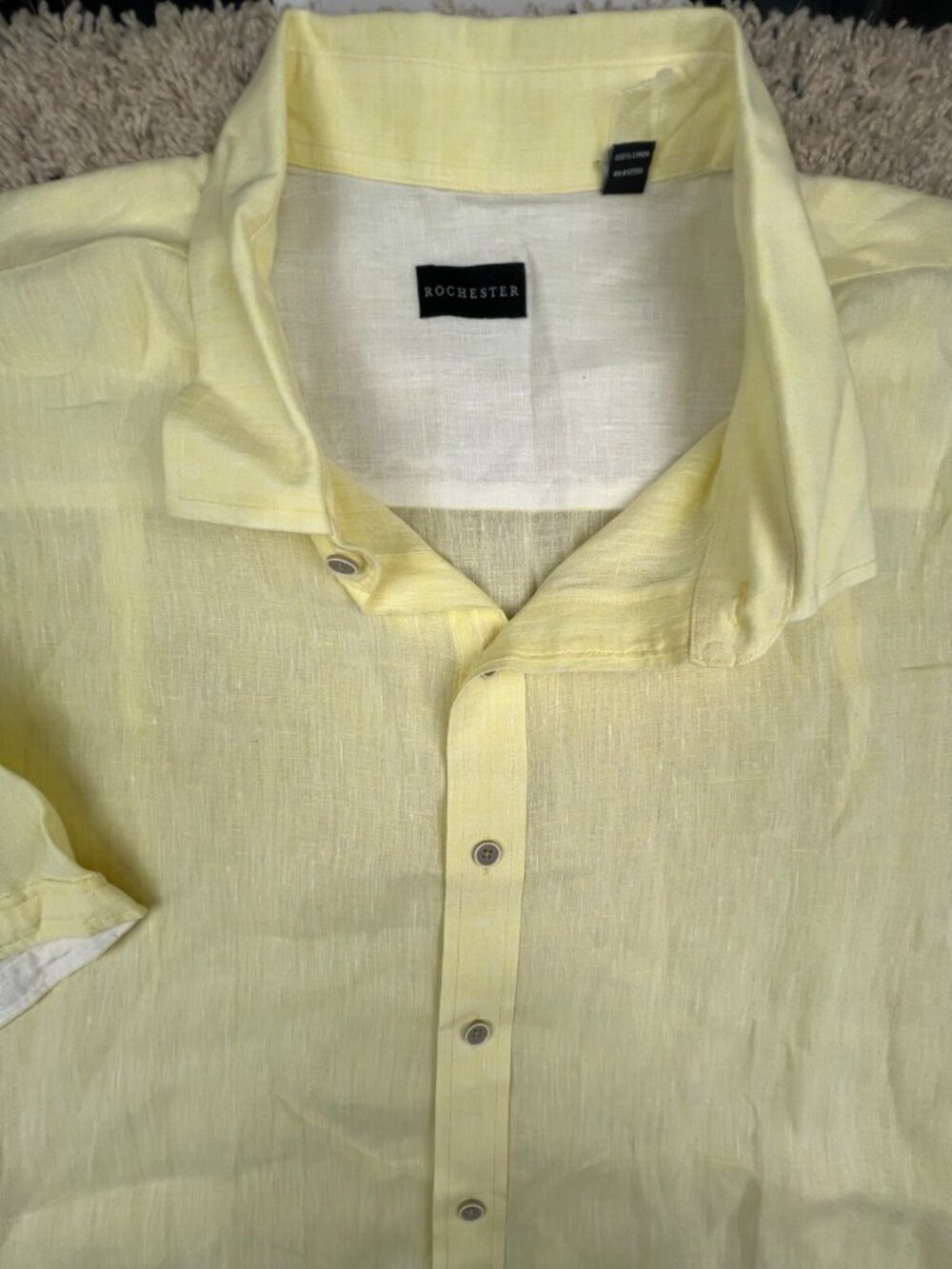 Rochester ALL LINEN Mens Button Up Shirt 2XLT Yellow Short Sleeve Casual